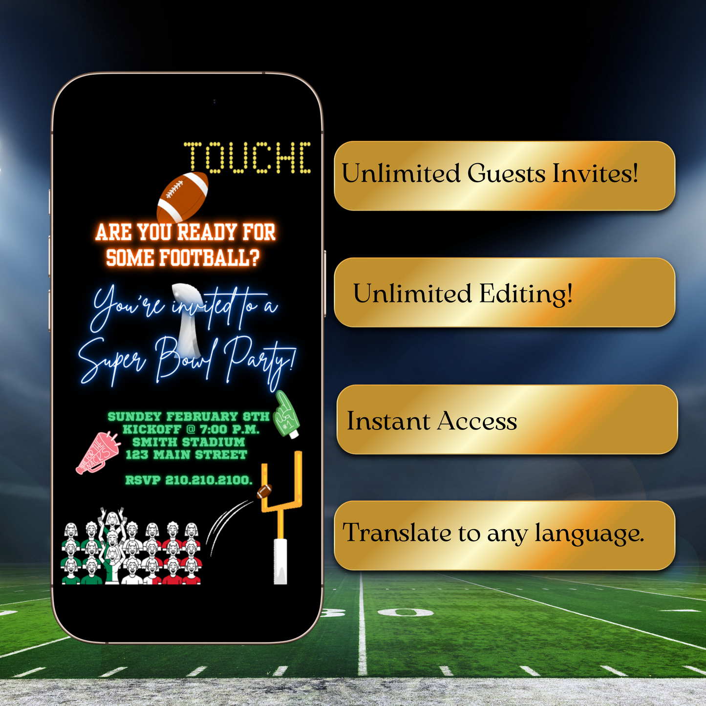 Editable Super Bowl LX Party Video Invitation | Digital Canva Template
