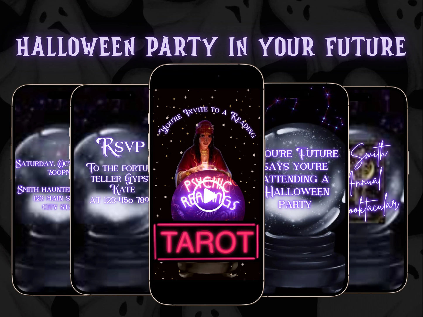 Halloween-Videoeinladung, animierte Einladung mit Tarot-Wahrsager, bearbeitbare mobile Einladung zur Halloween-Party