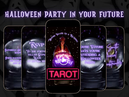 Halloween-Videoeinladung, animierte Einladung mit Tarot-Wahrsager, bearbeitbare mobile Einladung zur Halloween-Party