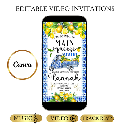 Editable amalfi lemon bridal shower bridal shower video invitation displayed on a mobile phone, featuring an animated vertical digital invite with music, created in Canva. This premium video invitation template is designed for sharing by text, email, and social media and works with an interactive RSVP website for easy guest response tracking.
