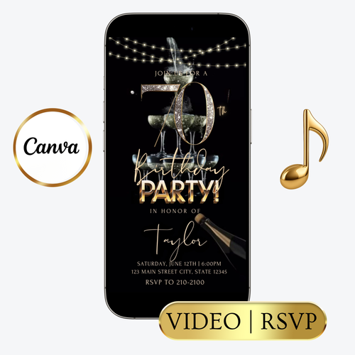 Editable champagne gold 70th birthday video invitation displayed on a mobile phone, featuring an animated vertical digital invite with music, created in Canva. This premium video invitation template is designed for sharing by text, email, and social media and works with an interactive RSVP website for easy guest response tracking.