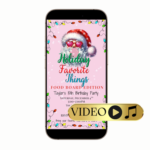 Favorite Things Christmas party video invitation with Santa bubble graphics