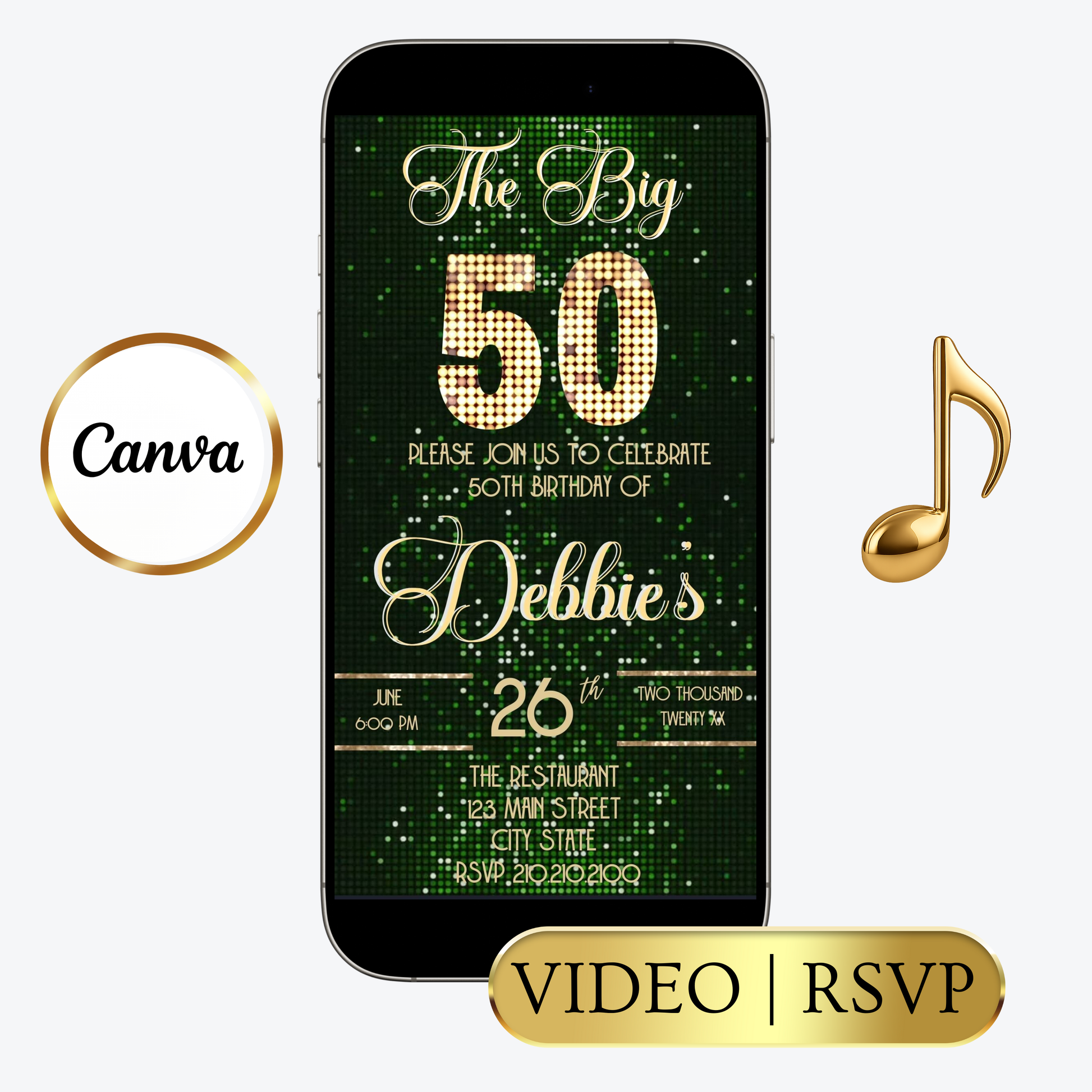 Editable green sequin 50th birthday video invitation displayed on a mobile phone, featuring an animated vertical digital invite with music, created in Canva. This premium video invitation template is designed for sharing by text, email, and social media and works with an interactive RSVP website for easy guest response tracking.