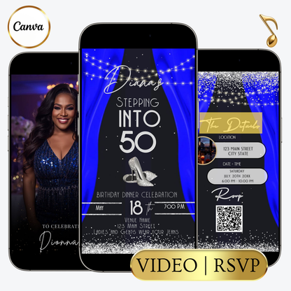 Editable royal blue elegant 50th birthday video invitation video invitation displayed on a mobile phone, featuring an animated vertical digital invite with music, created in Canva. This premium video invitation template is designed for sharing by text, email, and social media and works with an interactive RSVP website for easy guest response tracking.