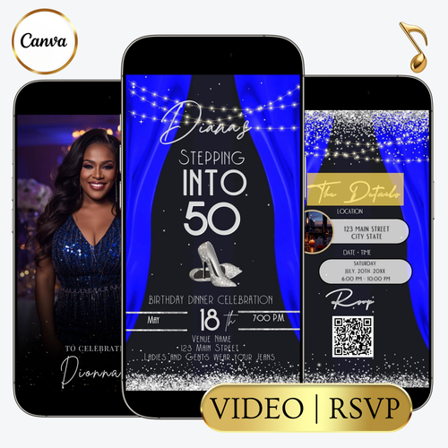 Editable royal blue elegant 50th birthday video invitation video invitation displayed on a mobile phone, featuring an animated vertical digital invite with music, created in Canva. This premium video invitation template is designed for sharing by text, email, and social media and works with an interactive RSVP website for easy guest response tracking.