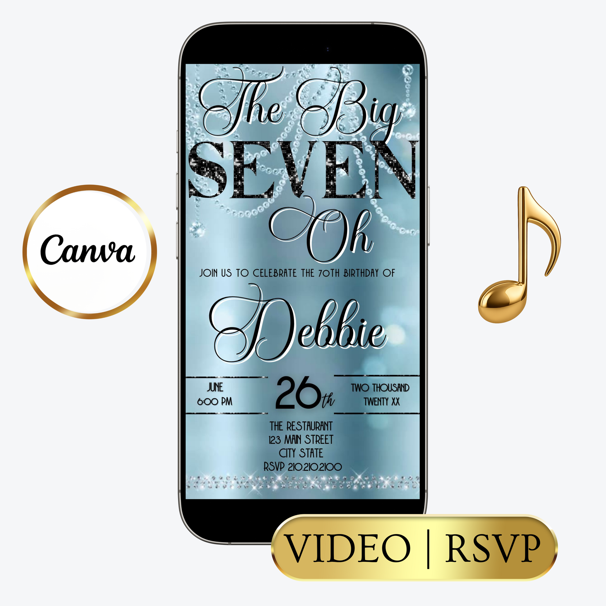 Editable baby blue elegant 70th birthday video invitation displayed on a mobile phone, featuring an animated vertical digital invite with music, created in Canva. This premium video invitation template is designed for sharing by text, email, and social media and works with an interactive RSVP website for easy guest response tracking.
