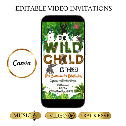 Editable wild jungle birthday birthday video invitation displayed on a mobile phone, featuring an animated vertical digital invite with music, created in Canva. This premium video invitation template is designed for sharing by text, email, and social media and works with an interactive RSVP website for easy guest response tracking.