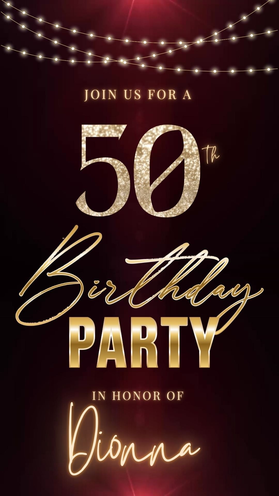 Editable maroon glam 50th birthday party video invitation displayed on a mobile phone, featuring an animated vertical digital invite with music, created in Canva. This premium video invitation template is designed for sharing by text, email, and social media and works with an interactive RSVP website for easy guest response tracking.