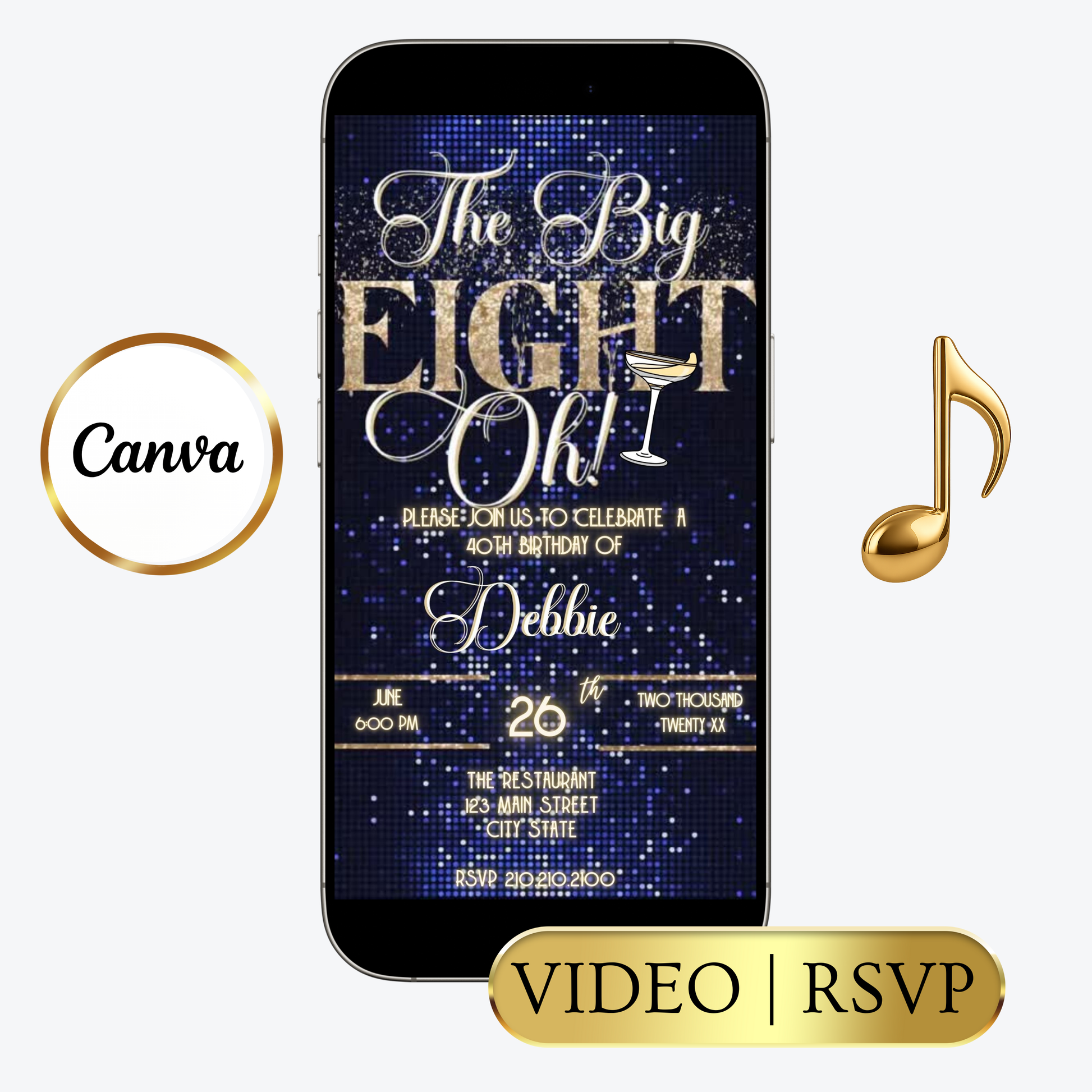 Editable navy blue glitter cocktail 80th birthday video invitation displayed on a mobile phone, featuring an animated vertical digital invite with music, created in Canva. This premium video invitation template is designed for sharing by text, email, and social media and works with an interactive RSVP website for easy guest response tracking.