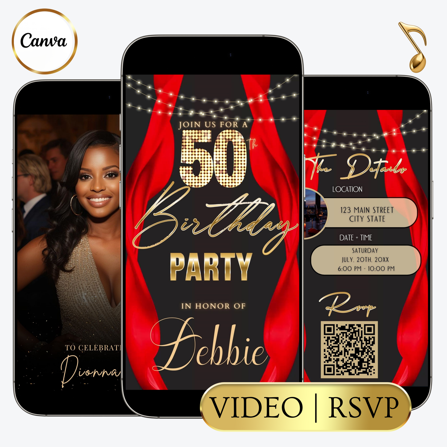 Editable red curtain 50th birthday party video invitation displayed on a mobile phone, featuring an animated vertical digital invite with music, created in Canva. This premium video invitation template is designed for sharing by text, email, and social media and works with an interactive RSVP website for easy guest response tracking.