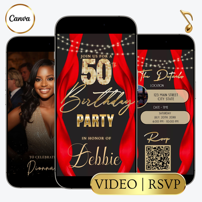 Editable red curtain 50th birthday party video invitation displayed on a mobile phone, featuring an animated vertical digital invite with music, created in Canva. This premium video invitation template is designed for sharing by text, email, and social media and works with an interactive RSVP website for easy guest response tracking.