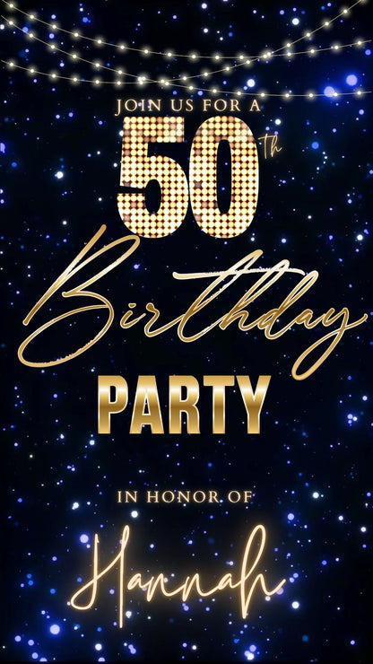 Editable blue starry lights 50th birthday video invitation displayed on a mobile phone, featuring an animated vertical digital invite with music, created in Canva. This premium video invitation template is designed for sharing by text, email, and social media and works with an interactive RSVP website for easy guest response tracking.