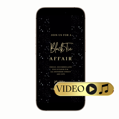 Editable Black Glitter Glam Video Invitation — Elegant Gold Text Digital Template Template