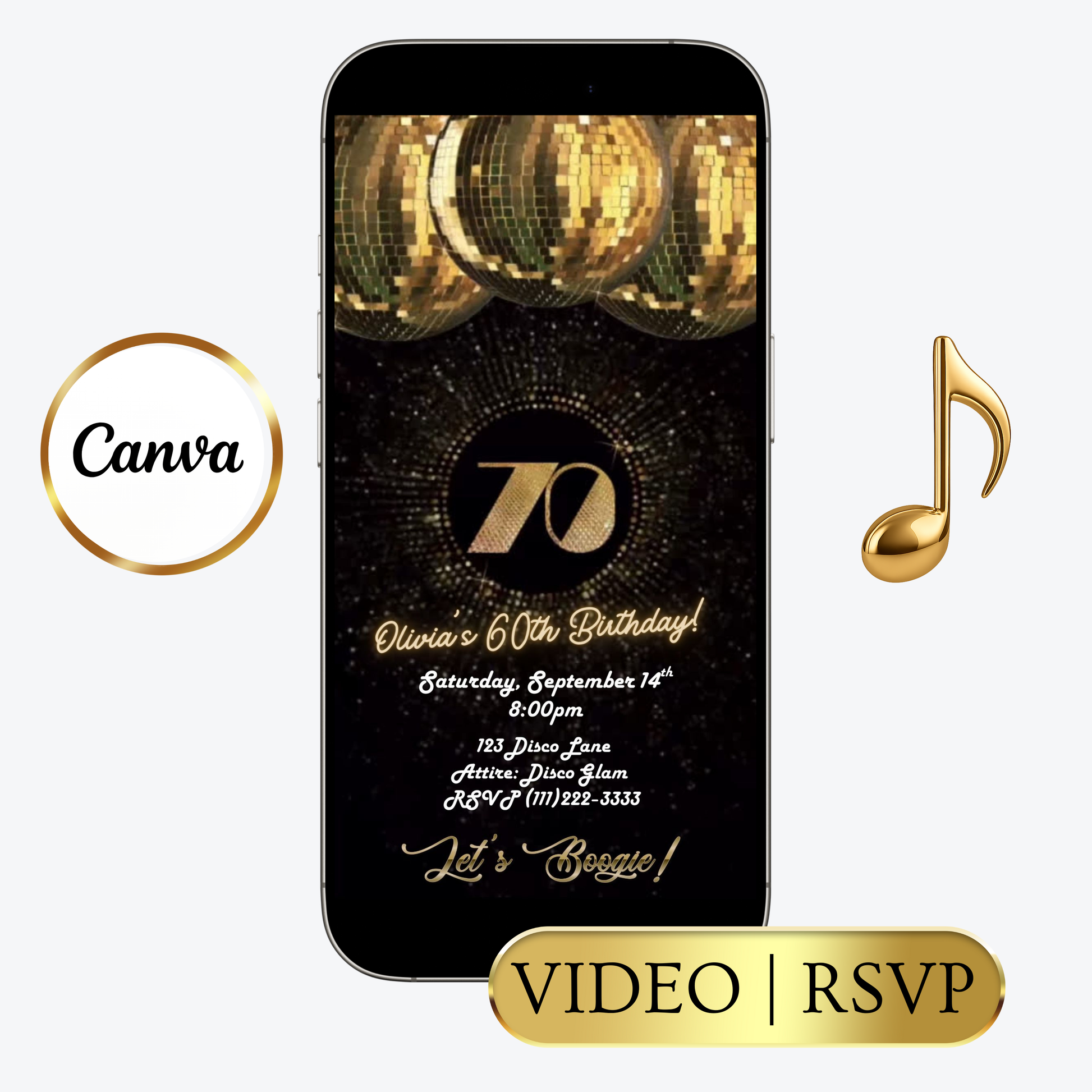Editable black gold glitter 70th birthday video invitation displayed on a mobile phone, featuring an animated vertical digital invite with music, created in Canva. This premium video invitation template is designed for sharing by text, email, and social media and works with an interactive RSVP website for easy guest response tracking.