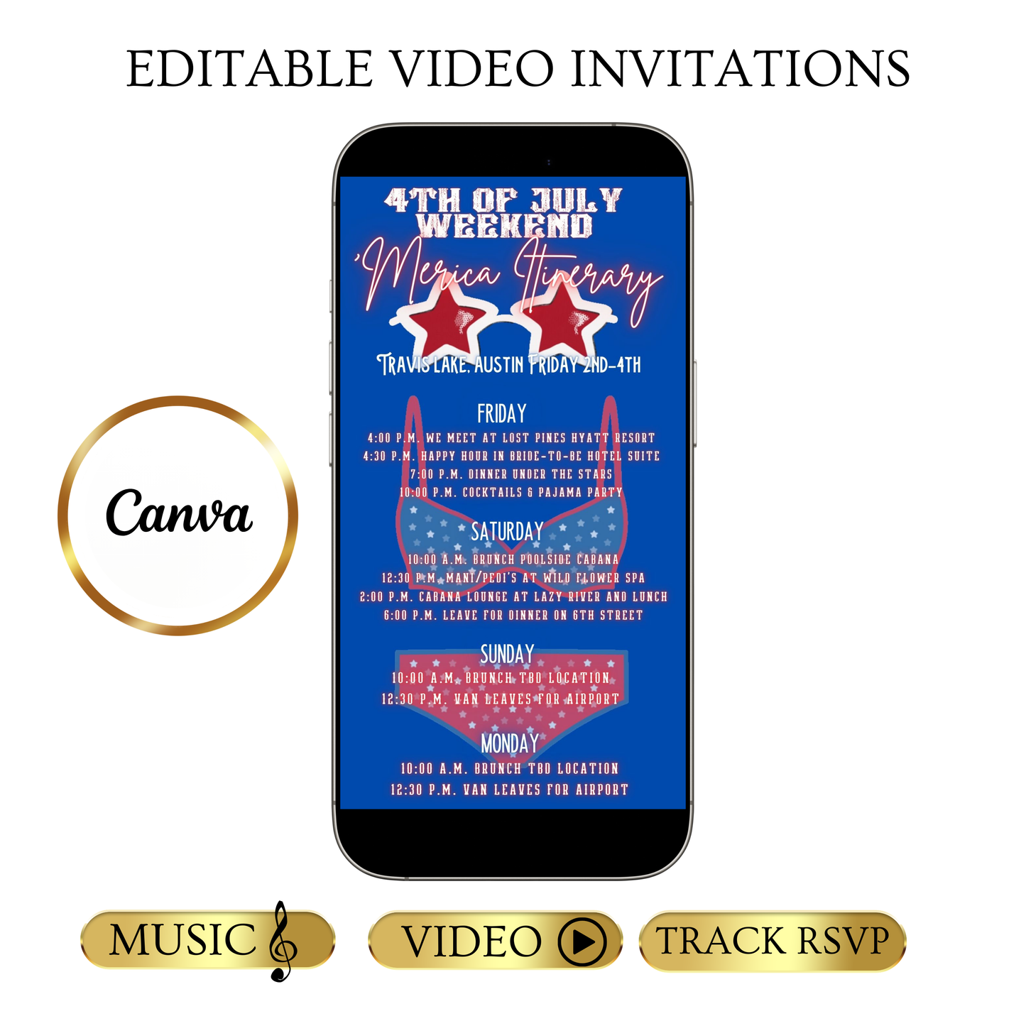 Editable patriotic 4th of july weekend party party video invitation displayed on a mobile phone, featuring an animated vertical digital invite with music, created in Canva. This premium video invitation template is designed for sharing by text, email, and social media and works with an interactive RSVP website for easy guest response tracking.