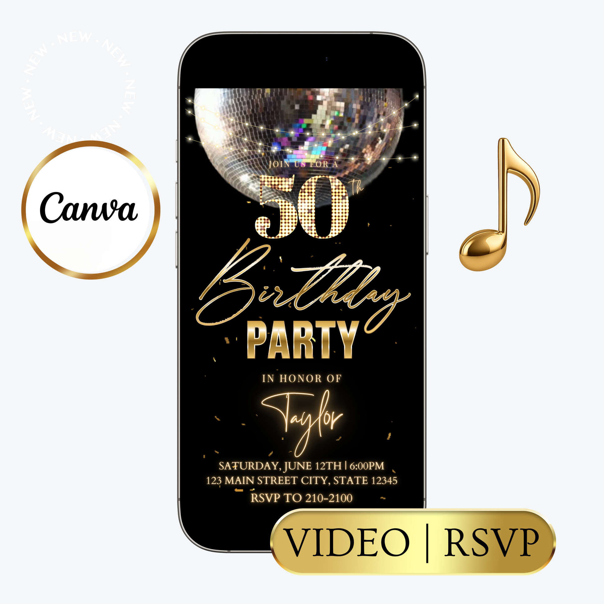 Editable black gold elegant 50th birthday video invitation displayed on a mobile phone, featuring an animated vertical digital invite with music, created in Canva. This premium video invitation template is designed for sharing by text, email, and social media and works with an interactive RSVP website for easy guest response tracking.