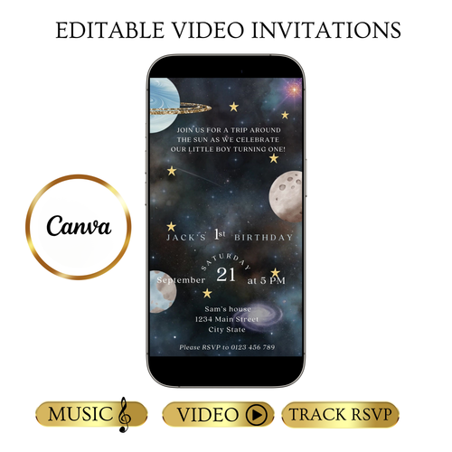 Editable space 1st birthday birthday video invitation displayed on a mobile phone, featuring an animated vertical digital invite with music, created in Canva. This premium video invitation template is designed for sharing by text, email, and social media and works with an interactive RSVP website for easy guest response tracking.