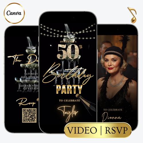 Editable black gold champagne tower 50th birthday video invitation displayed on a mobile phone, featuring an animated vertical digital invite with music, created in Canva. This premium video invitation template is designed for sharing by text, email, and social media and works with an interactive RSVP website for easy guest response tracking.