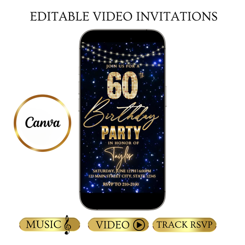 Editable navy gold starry 60th birthday birthday video invitation displayed on a mobile phone, featuring an animated vertical digital invite with music, created in Canva. This premium video invitation template is designed for sharing by text, email, and social media and works with an interactive RSVP website for easy guest response tracking.