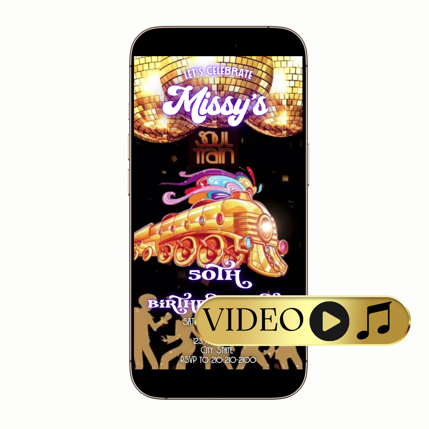 Hand holding phone with Soul Train animation invite playing