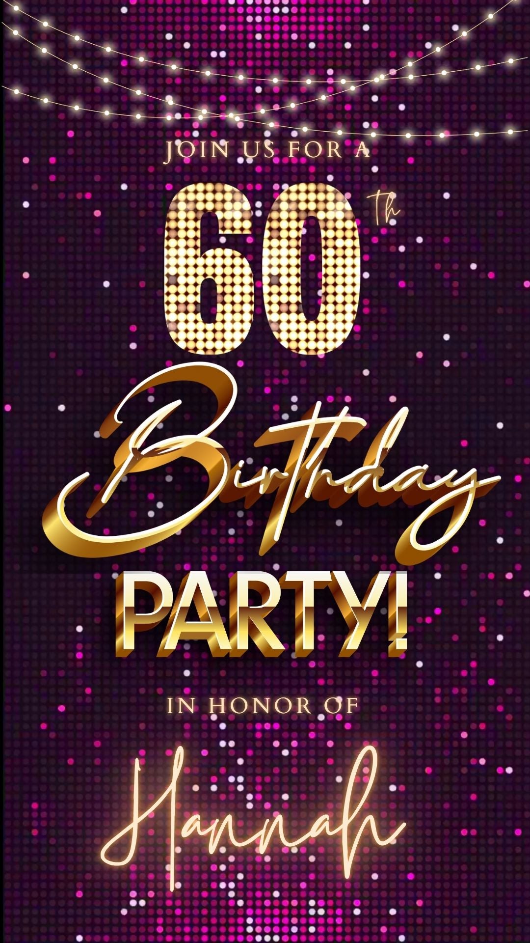 Editable violet gold sequin 60th birthday birthday video invitation displayed on a mobile phone, featuring an animated vertical digital invite with music, created in Canva. This premium video invitation template is designed for sharing by text, email, and social media and works with an interactive RSVP website for easy guest response tracking.
