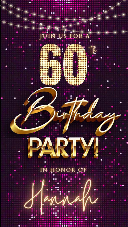 Editable violet gold sequin 60th birthday birthday video invitation displayed on a mobile phone, featuring an animated vertical digital invite with music, created in Canva. This premium video invitation template is designed for sharing by text, email, and social media and works with an interactive RSVP website for easy guest response tracking.