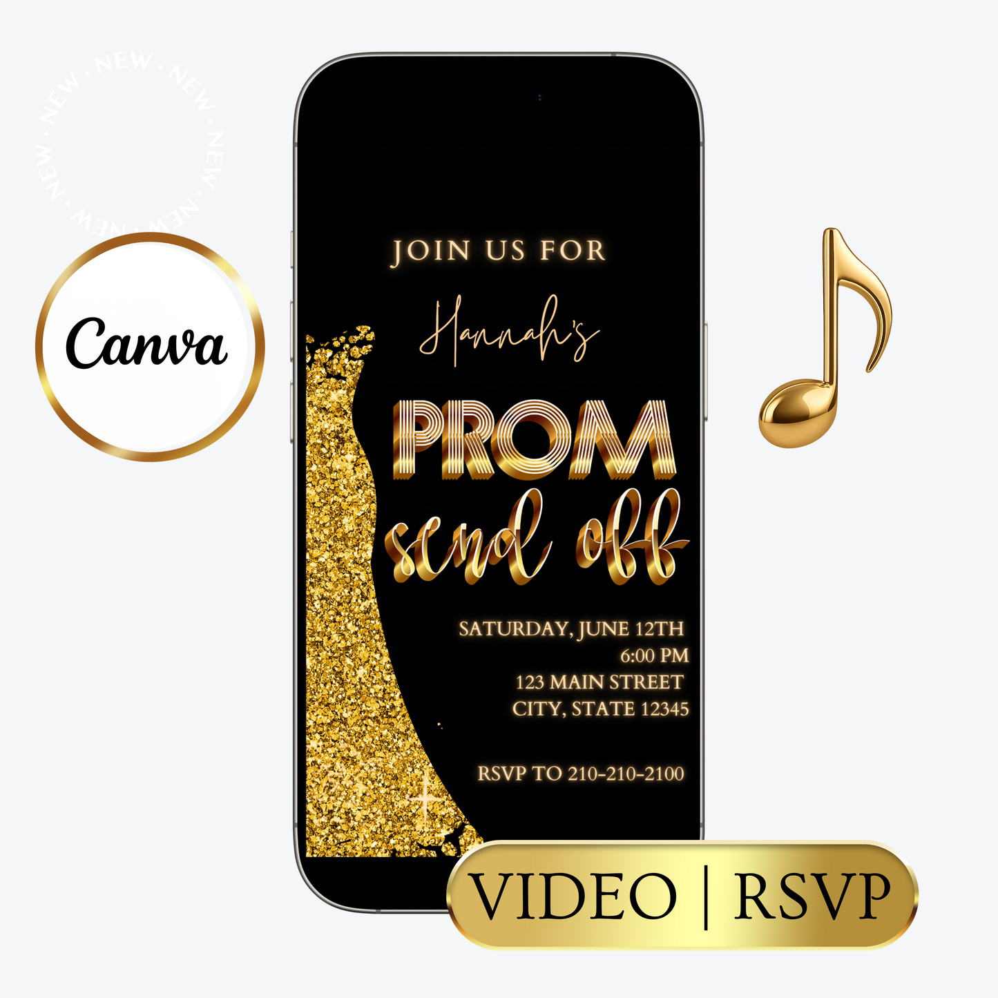 Editable black gold luxury prom send off video invitation displayed on a mobile phone, featuring an animated vertical digital invite with music, created in Canva. This premium video invitation template is designed for sharing by text, email, and social media and works with an interactive RSVP website for easy guest response tracking.
