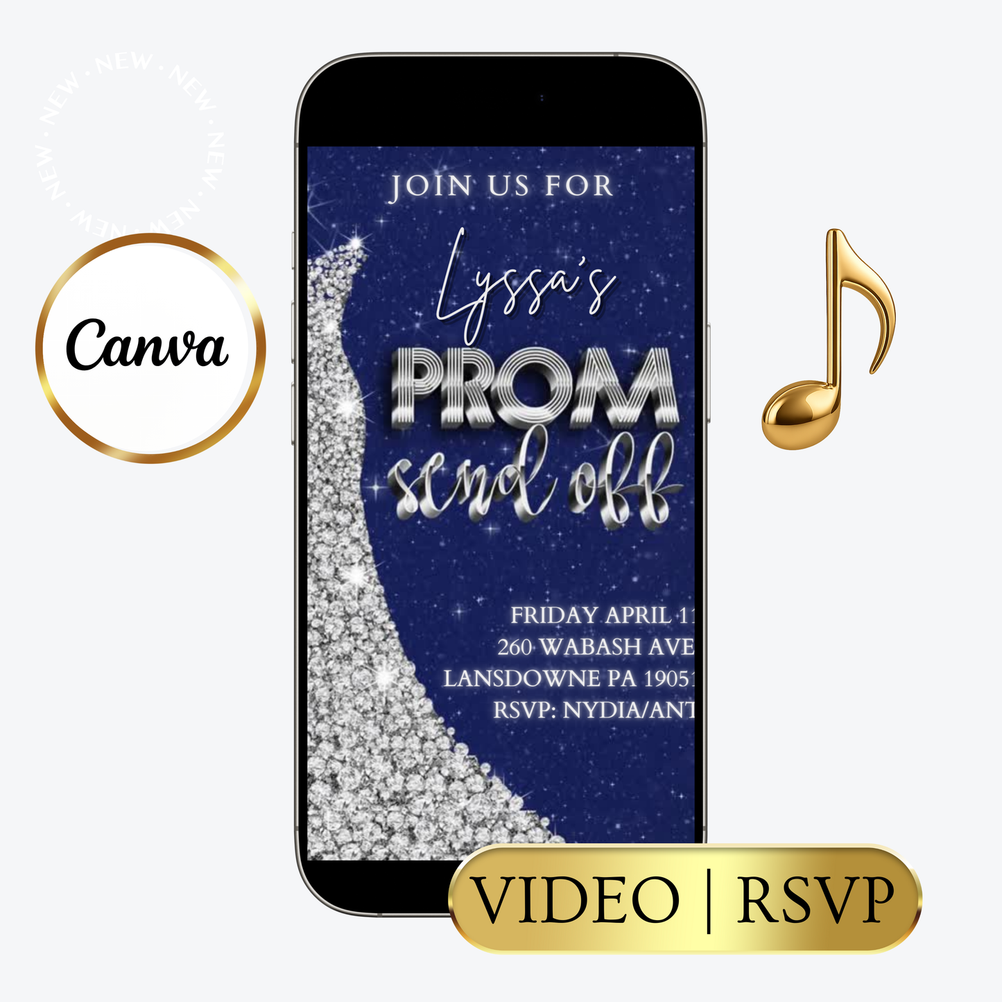 Editable navy blue silver prom send off video invitation displayed on a mobile phone, featuring an animated vertical digital invite with music, created in Canva. This premium video invitation template is designed for sharing by text, email, and social media and works with an interactive RSVP website for easy guest response tracking.