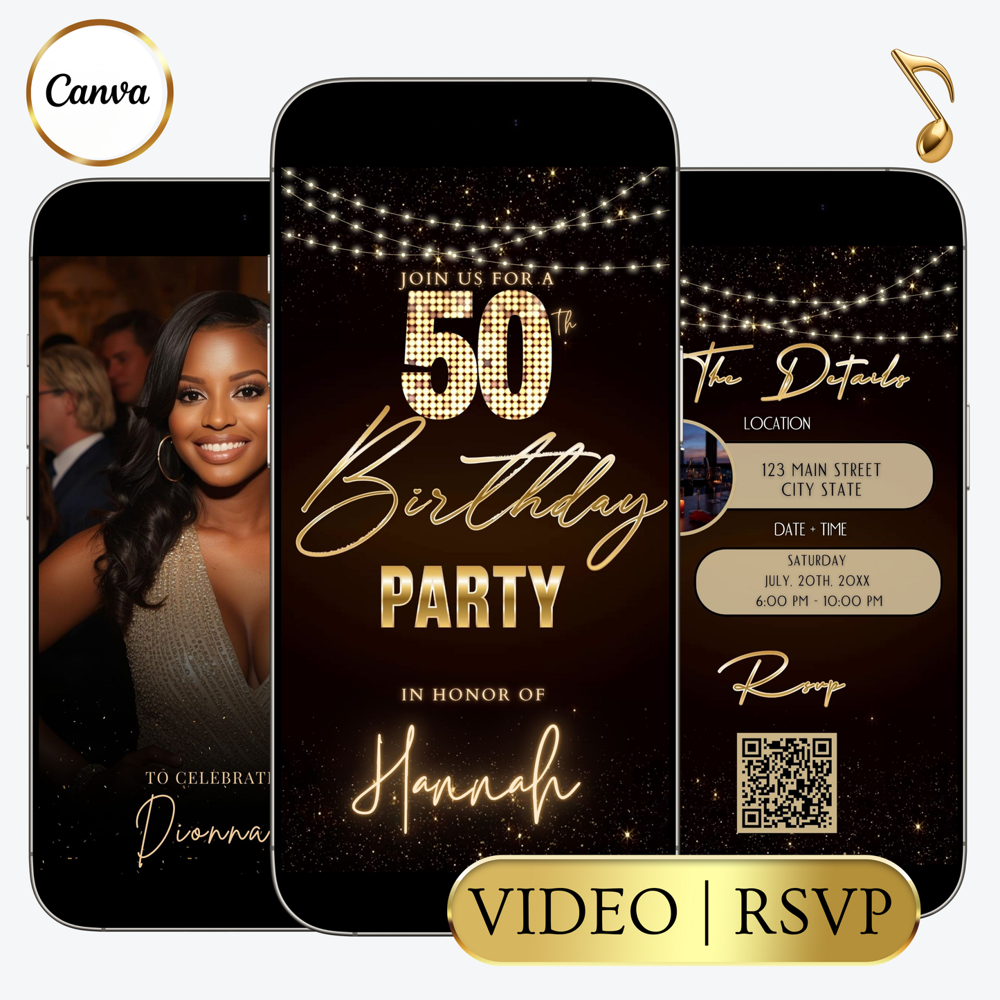 Editable maroon gold sparkle 50th birthday party video invitation displayed on a mobile phone, featuring an animated vertical digital invite with music, created in Canva. This premium video invitation template is designed for sharing by text, email, and social media and works with an interactive RSVP website for easy guest response tracking.