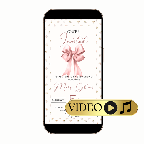 Name and event details framed by ribbon corners in elegant type