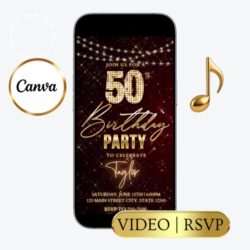 Editable hollywood red carpet 50th birthday video invitation displayed on a mobile phone, featuring an animated vertical digital invite with music, created in Canva. This premium video invitation template is designed for sharing by text, email, and social media and works with an interactive RSVP website for easy guest response tracking.