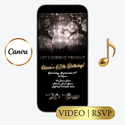 Editable silver disco 65th birthday video invitation displayed on a mobile phone, featuring an animated vertical digital invite with music, created in Canva. This premium video invitation template is designed for sharing by text, email, and social media and works with an interactive RSVP website for easy guest response tracking.