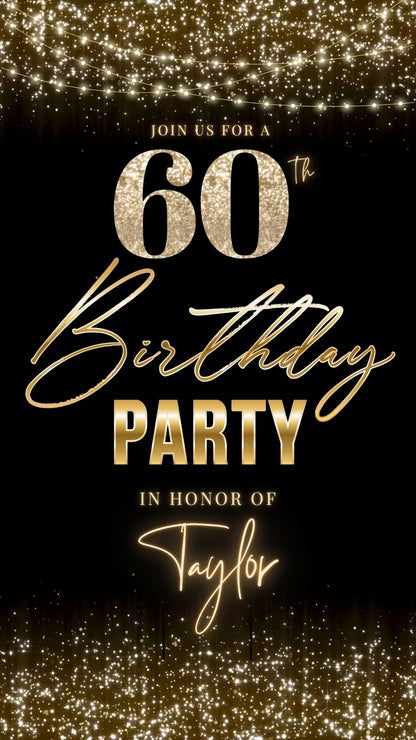 Editable gold sparkle 60th birthday birthday video invitation displayed on a mobile phone, featuring an animated vertical digital invite with music, created in Canva. This premium video invitation template is designed for sharing by text, email, and social media and works with an interactive RSVP website for easy guest response tracking.