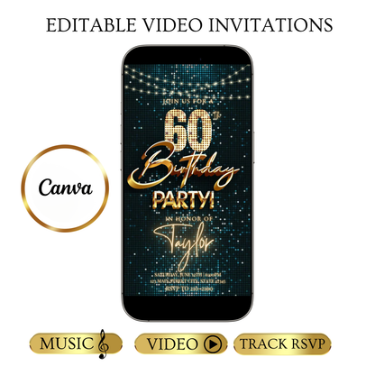 Editable teal gold disco 60th birthday birthday video invitation displayed on a mobile phone, featuring an animated vertical digital invite with music, created in Canva. This premium video invitation template is designed for sharing by text, email, and social media and works with an interactive RSVP website for easy guest response tracking.