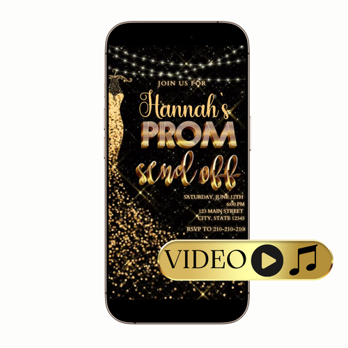 Black gold string lights prom video invitation digital