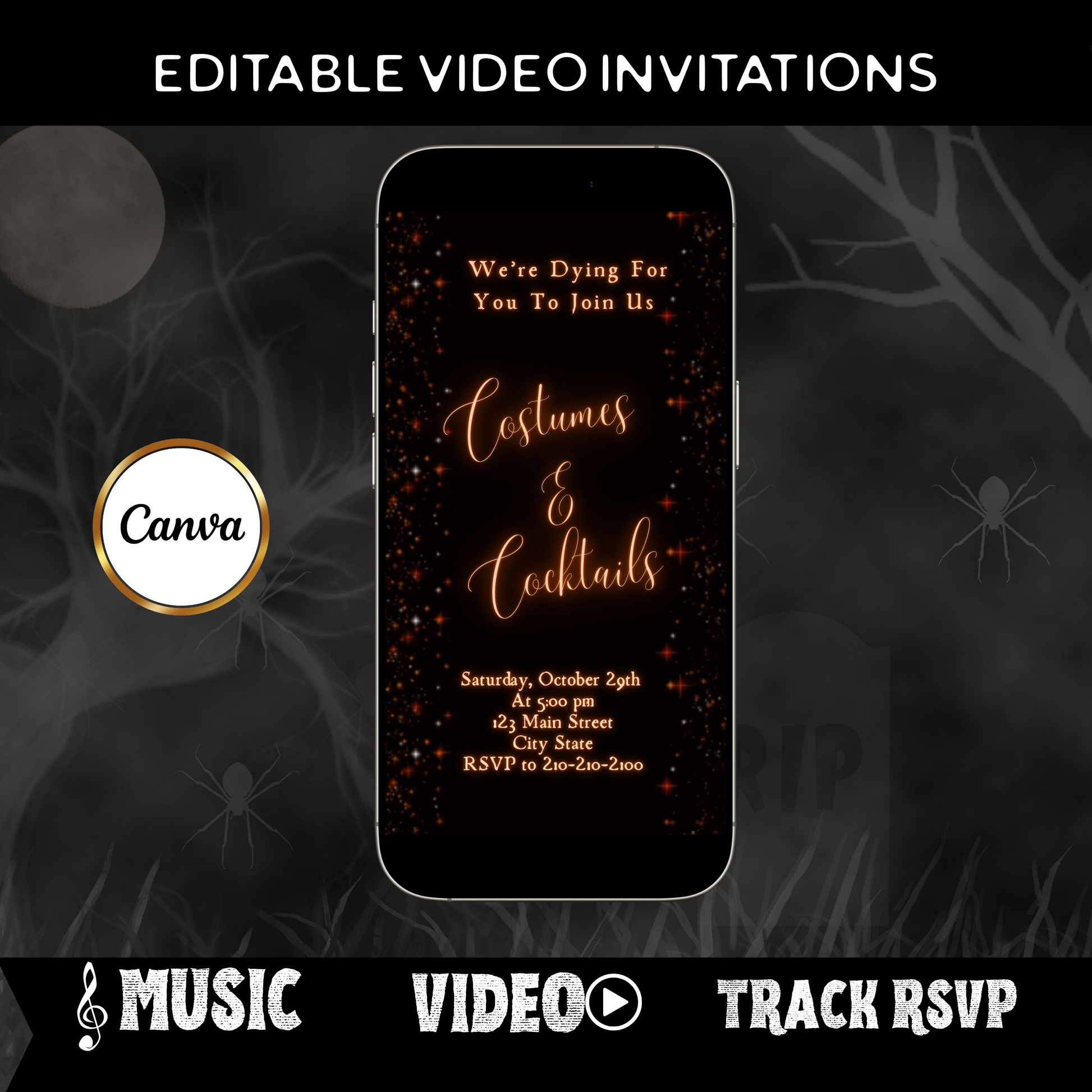 Editable sparkle halloween party party video invitation displayed on a mobile phone, featuring an animated vertical digital invite with music, created in Canva. This premium video invitation template is designed for sharing by text, email, and social media and works with an interactive RSVP website for easy guest response tracking.