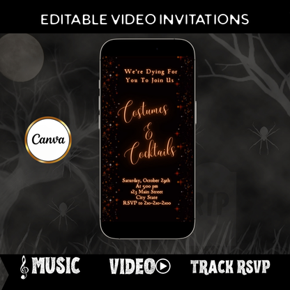 Editable sparkle halloween party party video invitation displayed on a mobile phone, featuring an animated vertical digital invite with music, created in Canva. This premium video invitation template is designed for sharing by text, email, and social media and works with an interactive RSVP website for easy guest response tracking.