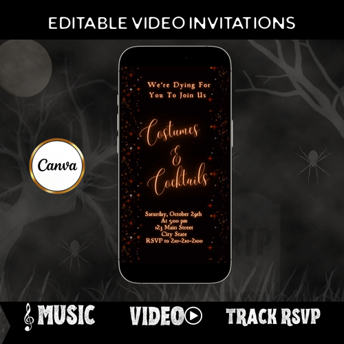 Editable sparkle halloween party party video invitation displayed on a mobile phone, featuring an animated vertical digital invite with music, created in Canva. This premium video invitation template is designed for sharing by text, email, and social media and works with an interactive RSVP website for easy guest response tracking.