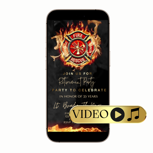 Digital fireman retirement invitation in bold red and gold theme
