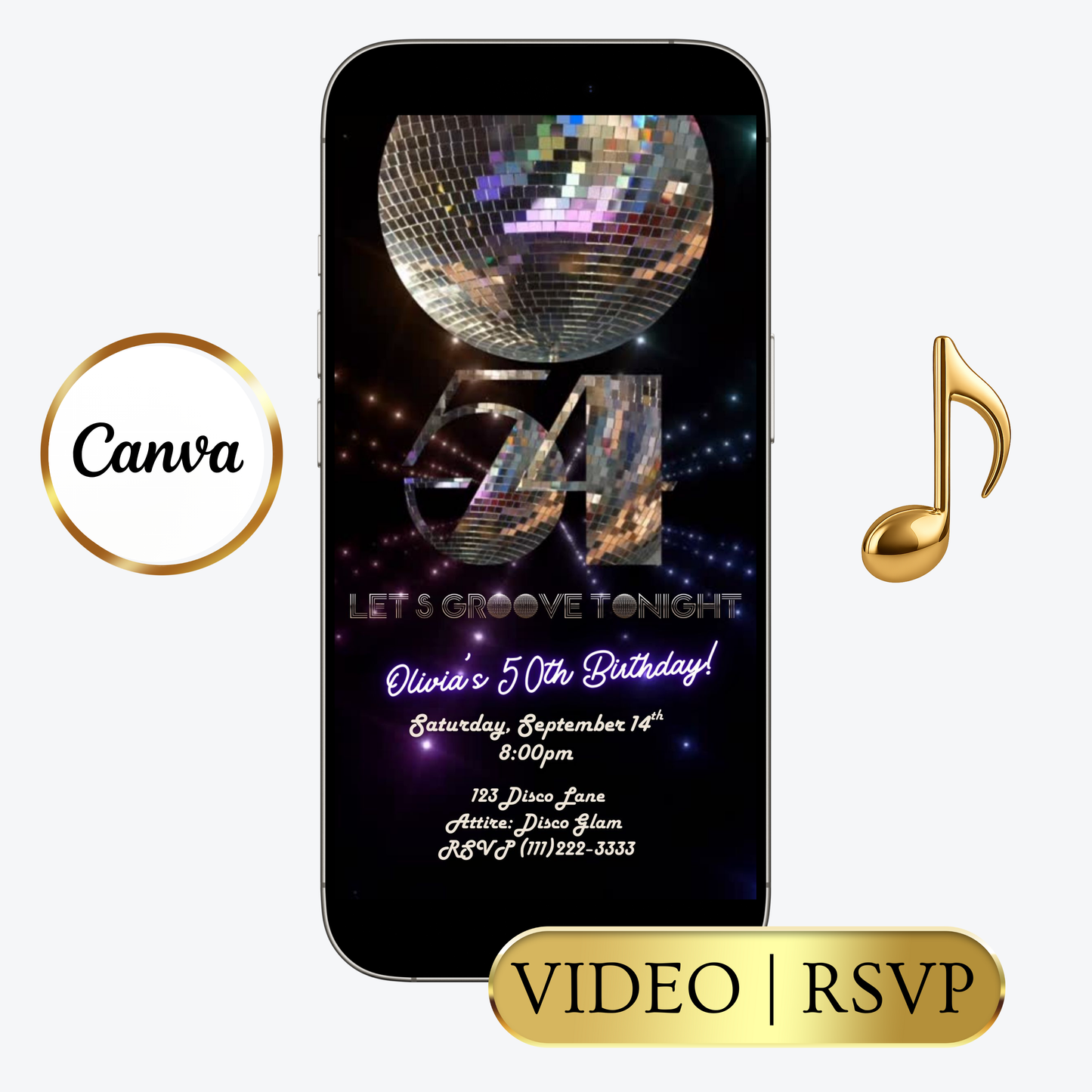 Editable disco mirror 54th birthday party video invitation displayed on a mobile phone, featuring an animated vertical digital invite with music, created in Canva. This premium video invitation template is designed for sharing by text, email, and social media and works with an interactive RSVP website for easy guest response tracking.