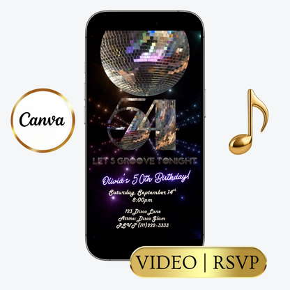 Editable disco mirror 54th birthday party video invitation displayed on a mobile phone, featuring an animated vertical digital invite with music, created in Canva. This premium video invitation template is designed for sharing by text, email, and social media and works with an interactive RSVP website for easy guest response tracking.