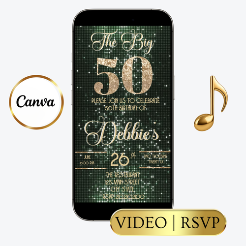 Editable sage green & gold 50th birthday video invitation displayed on a mobile phone, featuring an animated vertical digital invite with music, created in Canva. This premium video invitation template is designed for sharing by text, email, and social media and works with an interactive RSVP website for easy guest response tracking.