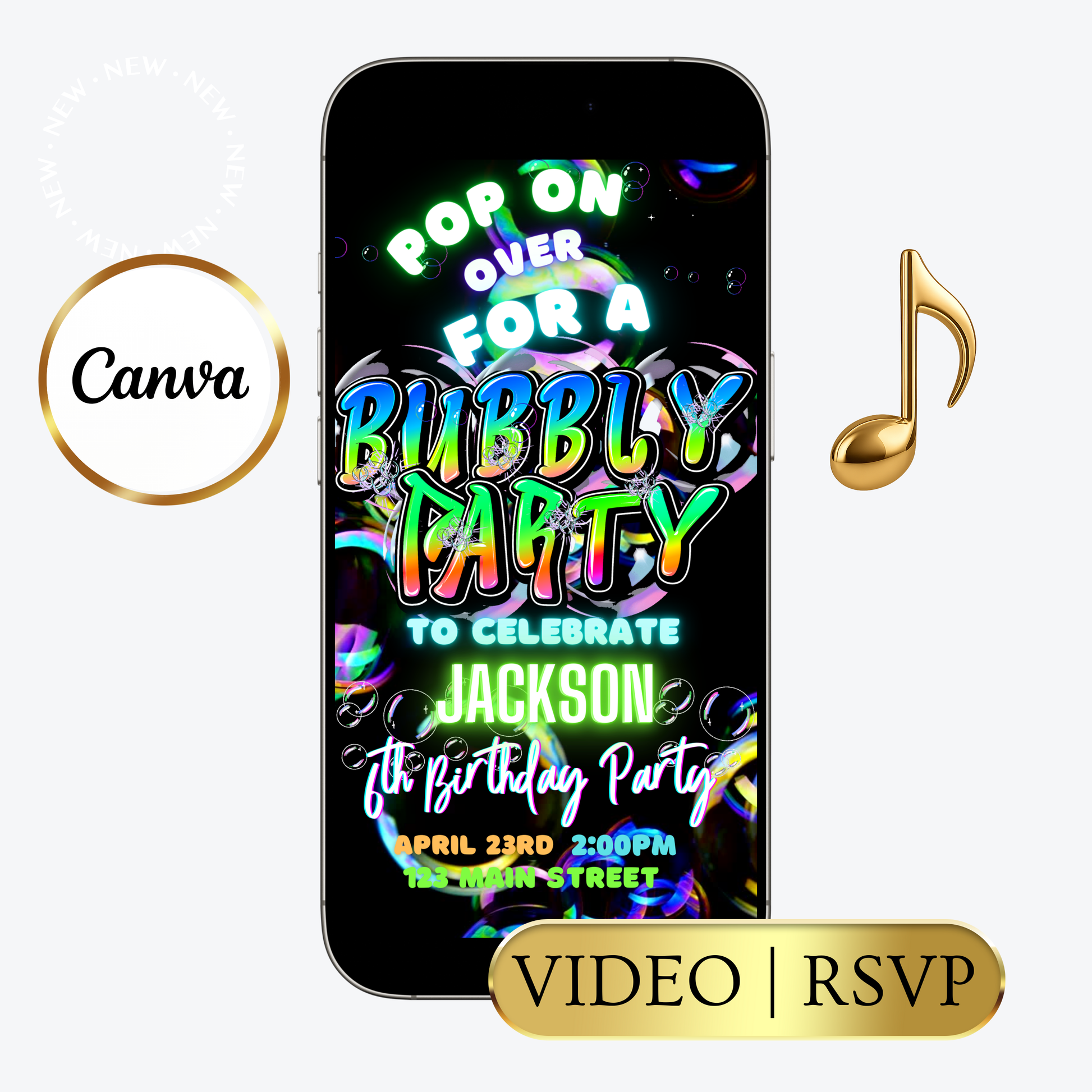 Editable colorful bubble kids birthday party video invitation displayed on a mobile phone, featuring an animated vertical digital invite with music, created in Canva. This premium video invitation template is designed for sharing by text, email, and social media and works with an interactive RSVP website for easy guest response tracking.