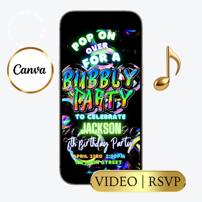 Editable colorful bubble kids birthday party video invitation displayed on a mobile phone, featuring an animated vertical digital invite with music, created in Canva. This premium video invitation template is designed for sharing by text, email, and social media and works with an interactive RSVP website for easy guest response tracking.