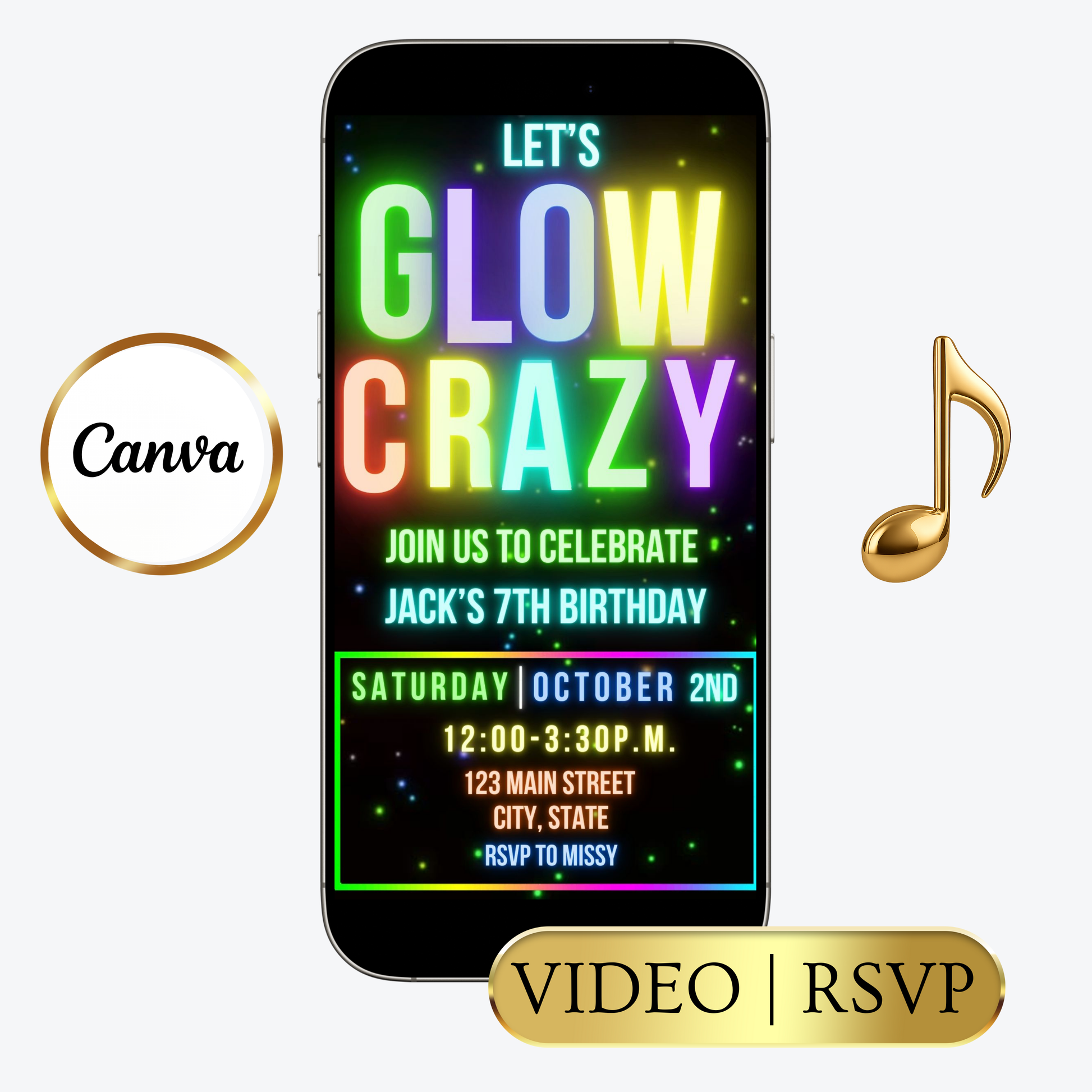 Editable neon glow kids birthday video invitation displayed on a mobile phone, featuring an animated vertical digital invite with music, created in Canva. This premium video invitation template is designed for sharing by text, email, and social media and works with an interactive RSVP website for easy guest response tracking.
