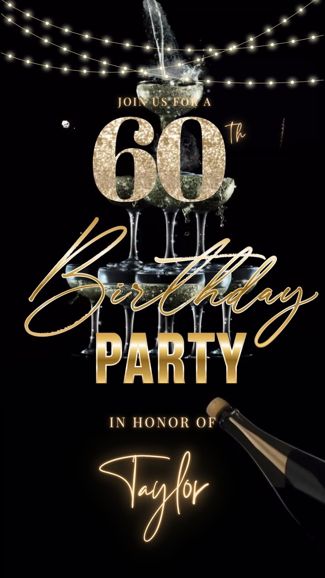 Editable luxury gold champagne 60th birthday birthday video invitation displayed on a mobile phone, featuring an animated vertical digital invite with music, created in Canva. This premium video invitation template is designed for sharing by text, email, and social media and works with an interactive RSVP website for easy guest response tracking.