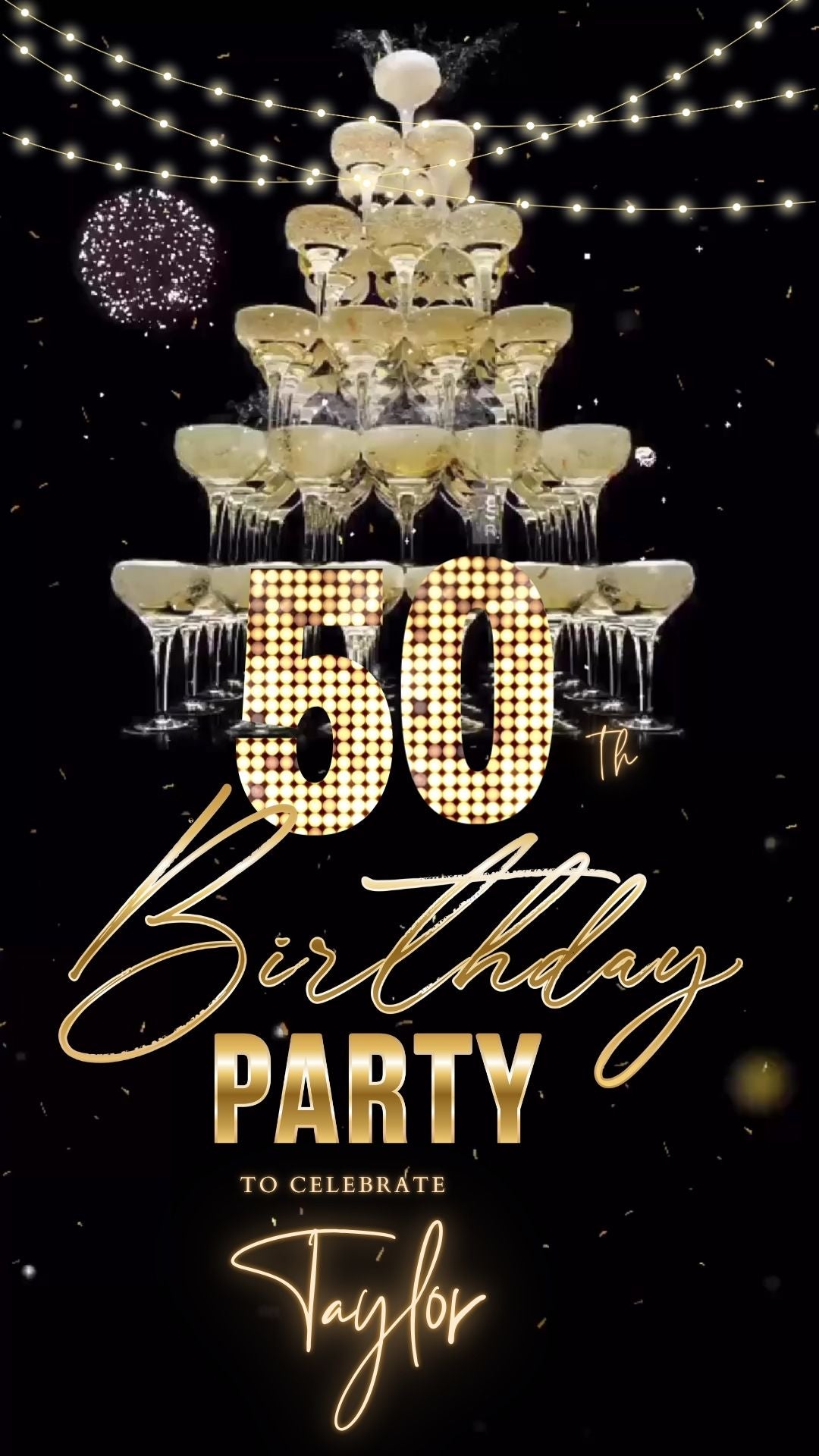 Editable champagne tower gold 50th birthday video invitation displayed on a mobile phone, featuring an animated vertical digital invite with music, created in Canva. This premium video invitation template is designed for sharing by text, email, and social media and works with an interactive RSVP website for easy guest response tracking.