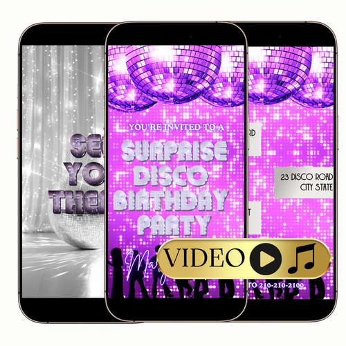 Purple disco ball video invitation digital template