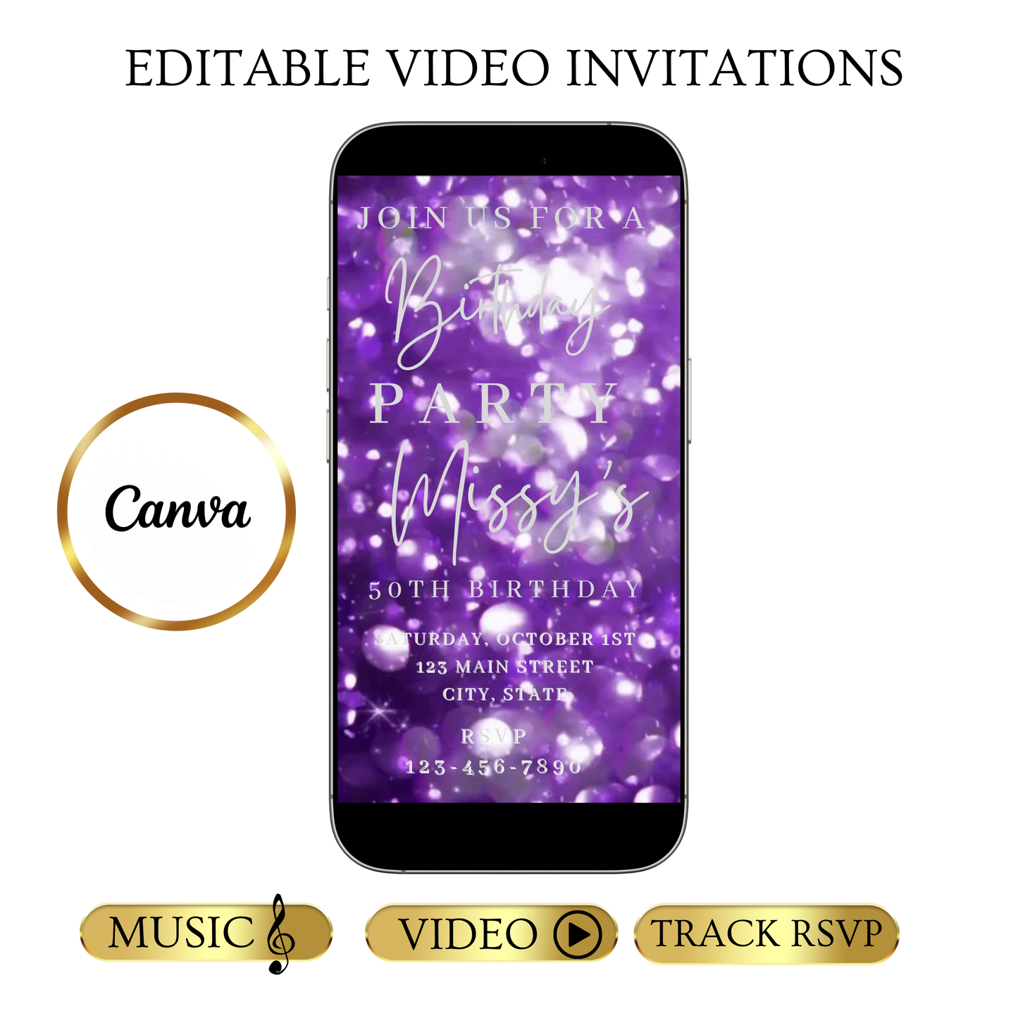 Editable purple bokeh 50th birthday birthday video invitation displayed on a mobile phone, featuring an animated vertical digital invite with music, created in Canva. This premium video invitation template is designed for sharing by text, email, and social media and works with an interactive RSVP website for easy guest response tracking.