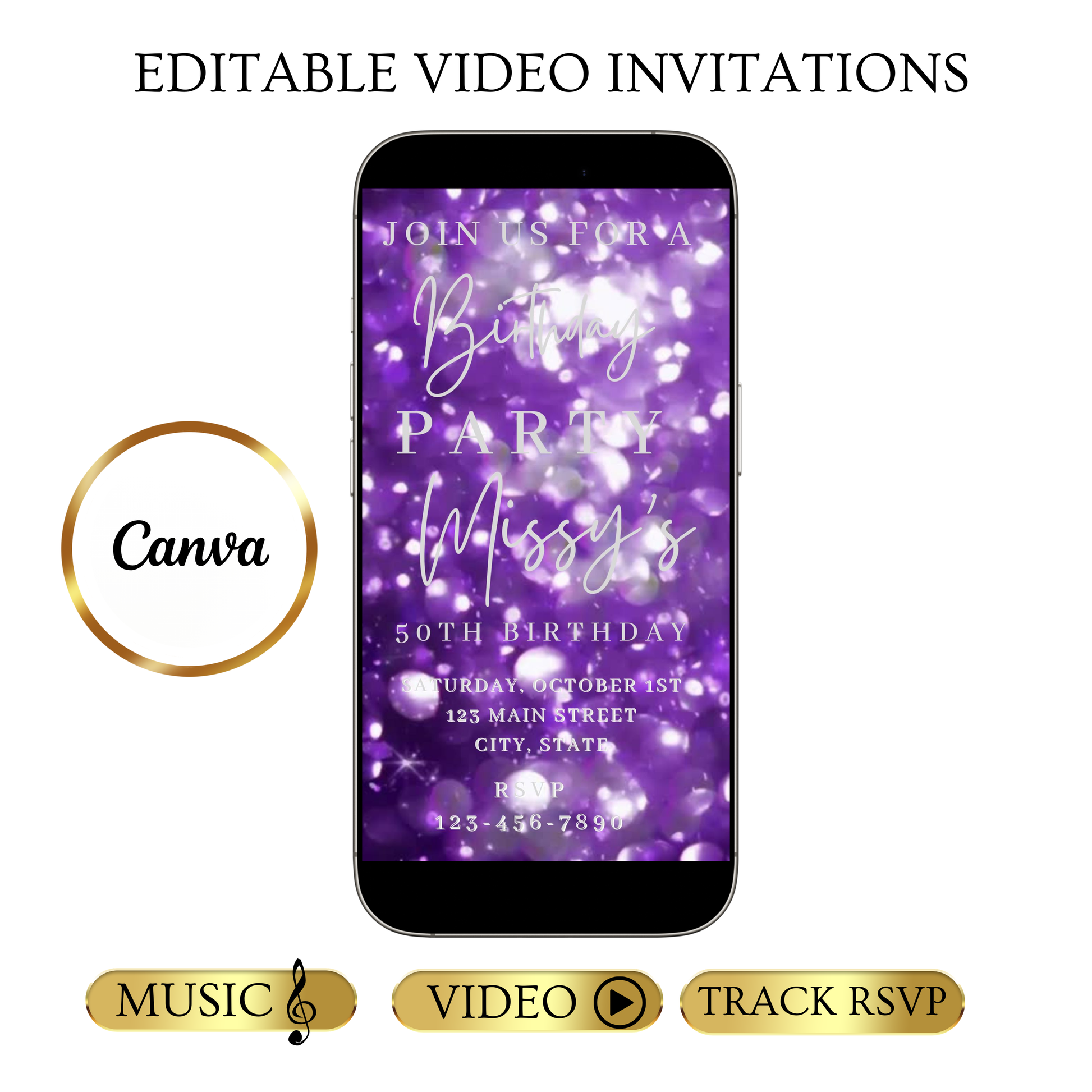 Editable purple bokeh 50th birthday birthday video invitation displayed on a mobile phone, featuring an animated vertical digital invite with music, created in Canva. This premium video invitation template is designed for sharing by text, email, and social media and works with an interactive RSVP website for easy guest response tracking.